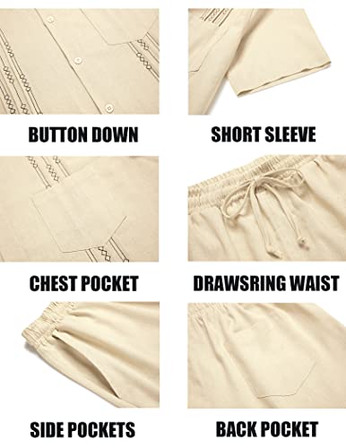 COOFANDY Men's Two Piece Outfits Sets Linen Shirt Cruise Wear Shirt and Shorts Set Khaki