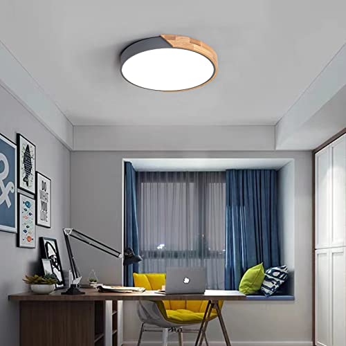 Vikaey Modern LED Ceiling Light, Minimalist Wood Style Flush Mount Ceiling Light Fixture, Circle Lighting Lamp with Acrylic Lampshade for Bedroom Living Room Dining Room Laundry (Grey, 15.8'')