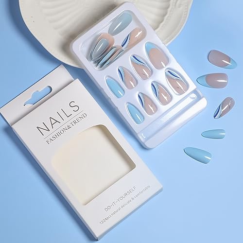 Blue French Tip Press on Nails Almond Shape Fake Nails Full Cover Glossy Acrylic Nails White And Blue Line Nails With Glitter Design Medium Length Artificial Nails Stick on Nails for Women and Girls