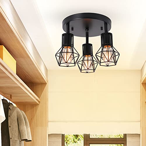 BANGANMA 3-Light Flush Mount Ceiling Light Fixture, Industrial Kitchen Light Fixtures Ceiling, E26 Black Farmhouse Ceiling Light Fixture Black for Dining Room Hallway Entryway