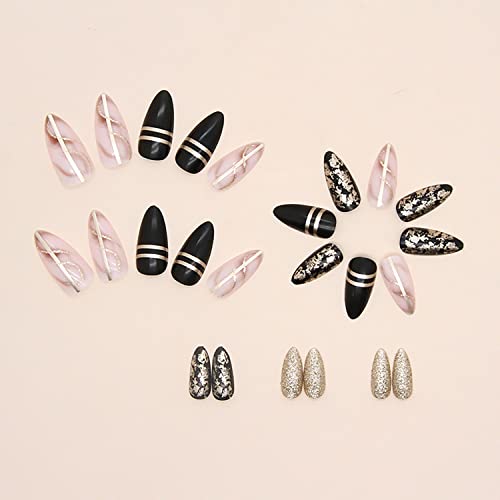 French Tip Press on Nails Almond Medium Fake Nails with Gold Line Shine Design Full Cover Reusable Black Artificial Acrylic Coffin False Nails Set Women Glue on Nails Stick on Nails for Nail Art