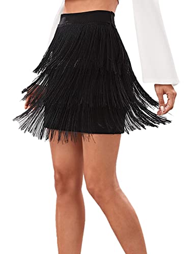 Verdusa Women's Fringe Trim High Waist Short Pencil Bodycon Skirt Black S