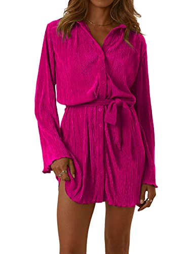 LYANER Women's Collar V Neck Button Down Pleated Long Sleeve Mini Shirt Dress with Belt Rose Medium