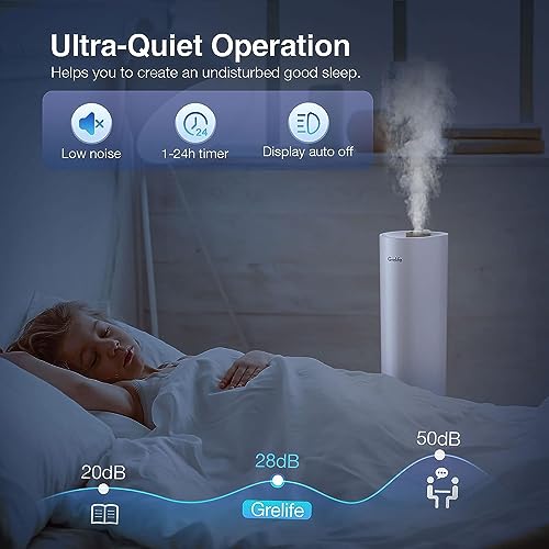 Grelife 9L Large Humidifiers for Bedroom Large Room, Ultrasonic Cool Mist Top Fill Humidifier with 3 Mist Speed, Remote, Quiet Tower Humidifier for Baby Kids Adults Home School Office Plants