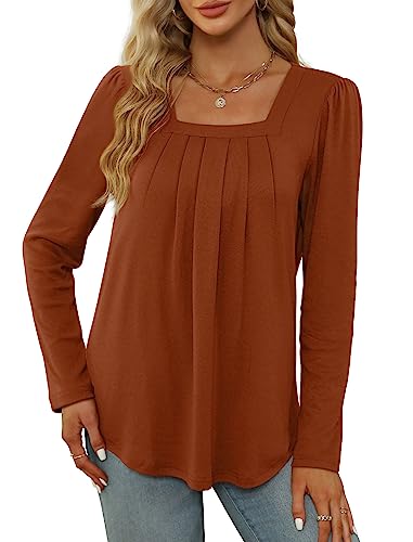 Saloogoe Tunic Tops for Women Loose Fit Dressy Casual Fall Outfits Long Sleeve Shirts Caramel M