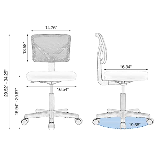 Armless Small Home Office Desk Chair, Ergonomic Low Back Computer Chair, Adjustable Rolling Swivel Task Chair with Lumbar Support for Small Space, 1 Pack, Blue