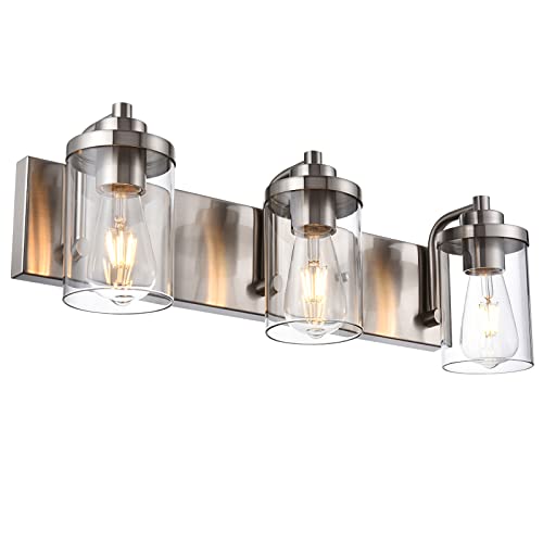 TODOLUZ 3 Light Bathroom Fixtures Mirror 3-Light Bathroom Light Fixtures Over Mirror, Modern Brushed Nickel Vanity Lighting with Clear Glass Shades for Living Room Bedroom Hallway