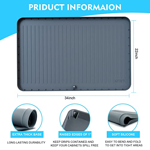 34" x 22" Under Sink Mats Waterproof - Silicone Under Sink Liner Drip Tray with Drain Hole, Sink Cabinet Protector Mats for Kitchen & Bathroom (Grey)