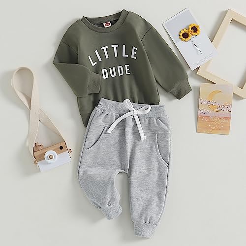 Baby Toddler Boys Fall Winter Outfits Little Dude Letter Printed Long Sleeve Sweatshirts Pants 2Pcs Clothes Set (Army Green, 0-6 Months)