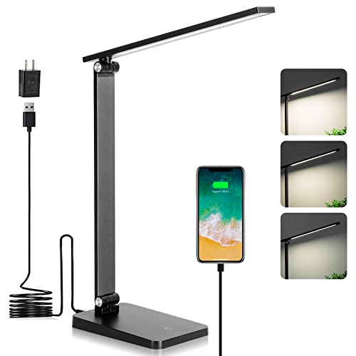 Desk Lamp, LED Desk Lamp, Desk Lamp for Home Office, 3 Levels Dimmable Desk Light, Desk Lamp with USB Charging Port, Office Lamp, Small Desk Lamps, Study Lamp, Reading Light, Table Lamp, Black, 5000K