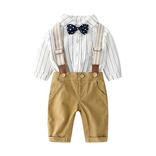 Baby Boys Gentleman Outfits Wedding Suits, Infant Long Sleeve Shirt+Bib Pants+Bow Tie Overalls Clothes Set Yellow 3-6 Months