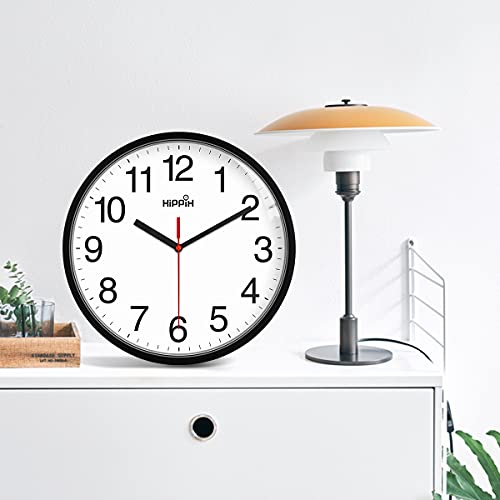 HIPPIH Clock Black Wall Clock Silent Non Ticking Quality Quartz - 10 Inch Round Easy to Read for Home Office & School Decor Clock