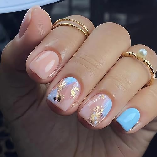 Short Square Press on Nails, Acrylic Fake Nails Pink Blue Gold Foil False Nails with Designs Artificial Full Cover Glue on Nails Short Stick on Nails for Women Glossy Nails 24Pcs