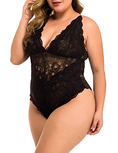 XAKALAKA Women Plus Size Lace Bodysuit Teddy Lingerie One Piece Babydoll Clubwear Black XXL