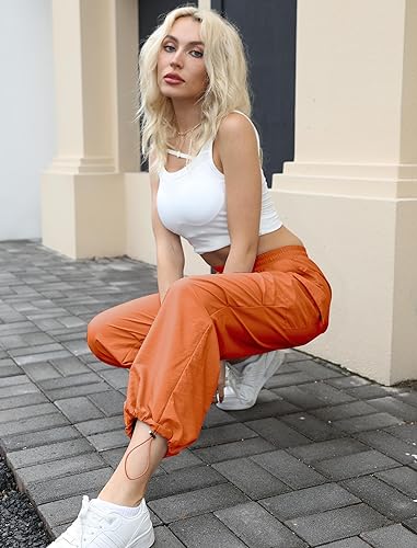 INFULEIMU Parachute Pants for Women Cargo Pants Baggy Pants Drawstring High Waist Ruched Straight Y2K Pants with Pockets Orange