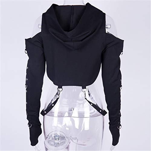 Women Gothic Punk Hoodies Bandage Crop Tops Long Sleeve Off Shoulder Pullover Sweatshirt for Rave Festivals Streetwear