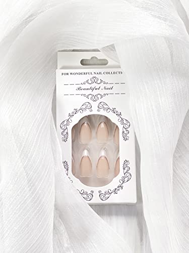 Press on Nails Medium Almond White French Tip Almond Fake Nails Nude Full Cover False Nails with Glod Glitter Designs Glossy Glue on Nails Artificial Acrylic Nails for Women Girls 24 Pcs