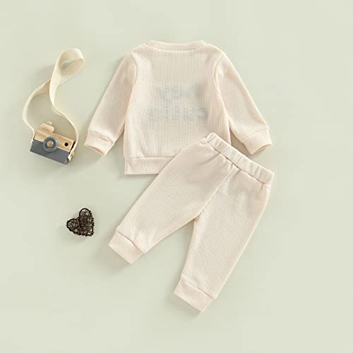 Toddler Baby Girl Boy Fall Winter Waffle Outfit Set Letter Printed Long Sleeve Sweatshirt Tops + Pants (Apricot, 0-3 Months)