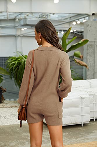 Tymidy Long Sleeve Jumpsuit for Women Knit Sweater Rompers Sexy Low Cut V Neck Button Down Fall Outfits Lounge Romper with Pockets