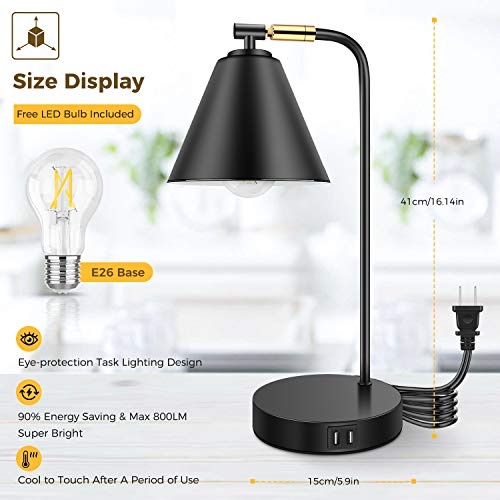 Industrial Dimmable Desk Lamp with 2 USB Charging Ports AC Outlet, Touch Control Bedside Nightstand Reading Lamp Flexible Head, Black Metal Table Lamp for Bedroom Office Living Room, Bulb Included