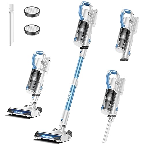 FABULETTA Cordless Vacuum Cleaner, 24kpa Lightweight Stick Vacuum, 6 in 1 Free-Standing Vacuum Cleaner for Home Pet Hair Carpet Hard Floor with 250W Brushless Motor & Detachable Battery (White&Blue)