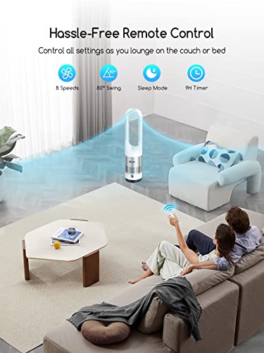 ZICOOLER Tower Fans for Home, 22 Inch 80°Oscillating Bladeless Fan with Remote, Quiet Fans with 8 Speeds, LED Display, 9H Timer, White Floor Standing Fan Powerful for Indoor Home Bedroom Office Room