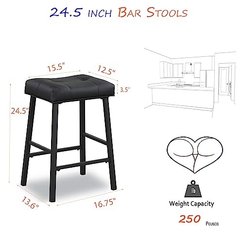 KAIRUITUCH 24 inch Bar Stools, Counter Height Kitchen Bar Stools for Home Bar, Saddle Seat Padding, Black Metal Legs, KR302PBK1