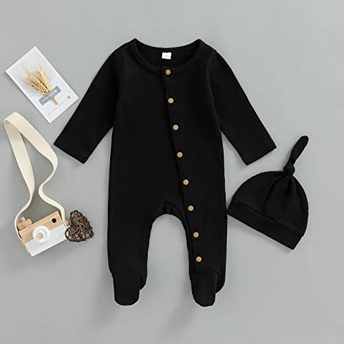 Newborn Infant Baby Boy Girl Fall Winter Clothes Long Sleeve Button Waffle Knit Footed Romper Hat 2Pcs Outfit (0-3 Months,Black)