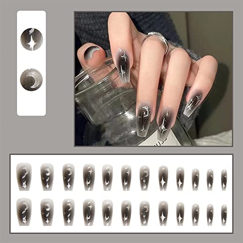 24Pieces Press on Nails Medium Length Coffin Fake Nails Grey Black False Nails with Moon Stars Design Stick on Nails Full Cover French Glossy Glue on Nails