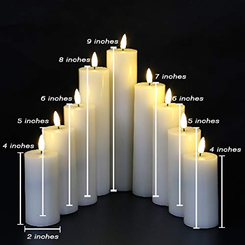 Eywamage Realistic Ivory Slim Flameless Pillar Candes with Remote, Real Wax Flickering Tall LED Battery Fireplace Candles Set of 9