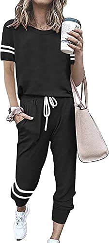 PRETTYGARDEN Women’s Summer Two Piece Outfits Striped Short Sleeve Pullover and Long Pants Tracksuit Pajama Lounge Jogging Set With Pockets (Black, Large)