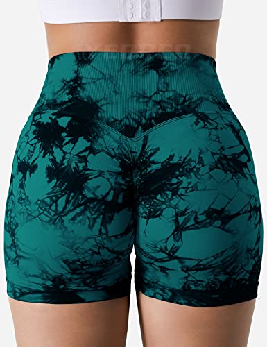 YEOREO Women Seamless Biker Shorts 3.6" Booty Scrunch Workout Shorts Tie Dye Gym Yoga Shorts Blue Green XL