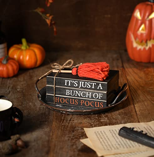 Halloween Wood Book Stack, Hocus Pocus Mini Faux Books Bundle, Halloween Tiered Tray Decor for Home Table Mantle Fireplace Shelf