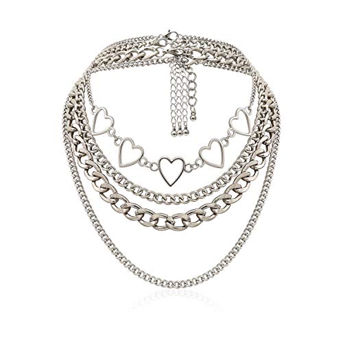 Aimimier Punk Link Chain Choker Necklace Set 4Pcs Hollow Heart Choker Hiphop Chunky Chain for Women and Girls