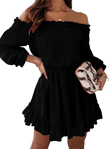 Dokotoo Womens Ruffle Off Shoulder Dress Long Sleeve Elastic Waist A-Line Casual Swing Mini Dresses for Women Fall Summer Fashion 2023 Flowy Cute Sexy Party Date Night Outfits Black Plus Size X-Large