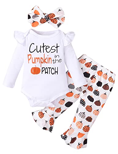 Detigee Newborn Girl First Halloween Outfit Thanksgiving Clothes Cutest Pumpkin in The Patch Girl Outfit (White,0-3 Months)