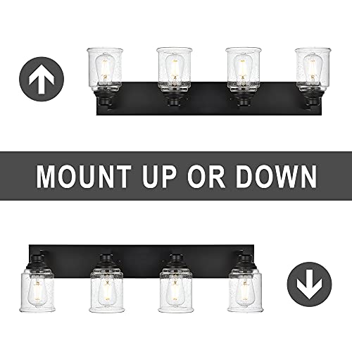 OULOK Black Vanity Lights 4-Light Modern Farmhouse Wall Lighting Fixtures with Seeded Glass Shades Industrial Bathroom Wall Sconces