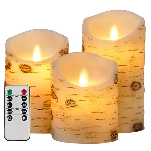 Flameless Candles with Remote Real Wax Bark LED Candles Set of 3 (H:4" 5" 6" D:3.2") Candles Battery Operated Pillar LED Candle Lights Set Home Decoration