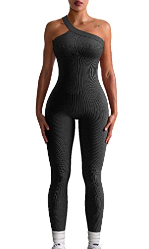 OQQ Women's Yoga Workout Ribbed One Shoulder Piece Sport JumpSuit, Black, Small