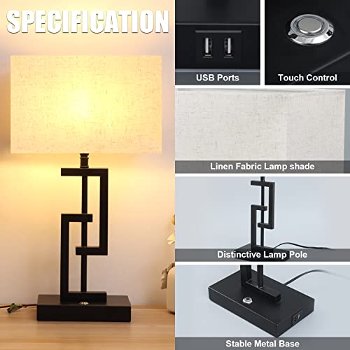 Modern 17'' Tall Table Lamp with USB Charging Ports - Perfect for Living Room, Bedroom Nightstand, and End Table - White Fabric Shade - 3-Way Dimmable Touch Control - Bulb Included