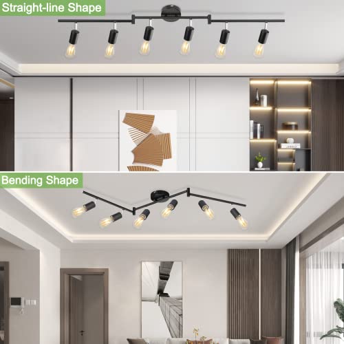 Kimjo 6-Light Track Lighting Fixtures Ceiling, Flush Mount Black Track Light Kit with Rotatable E26 Light Heads, Directional Kitchen Ceiling Spotlight for Office, Dining Room, Closet, Studio