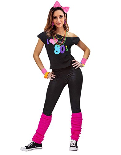 ESRTYERYH WOMEN COSTUME Womens I Love The 80's Disco 80s Costume Outfit Accessories, Hot Pink, L/XL