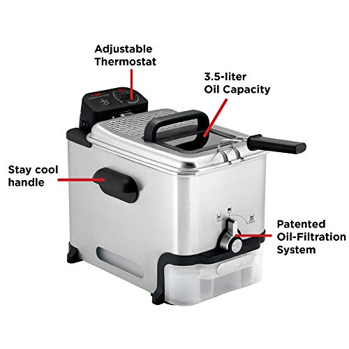 T-Fal Ultimate EZ Clean Stainless Steel Deep Fryer with Basket 3.5 Liter Oil and 2.6 Pound Food Capacity 1700 Watts Easy Clean, Temp Control, Digital Timer, Oil Filtration, Dishwasher Safe Parts