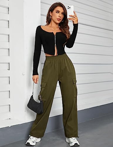 BMJL Womens Cargo Pants Wide Leg Hiking Pants Y2K High Waisted Amry Green Baggy Pants Parachute Trendy Pants with Pockets (Green, L)