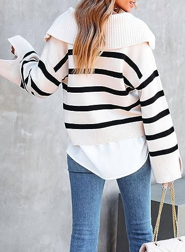 Dokotoo Sweaters Fall Tops for Women 2023 Trendy Long Sleeve Knitted Striped Autumn Ladies Sweaters Clothes Womens Outfits for Women Fashion Pullover Cashmere Sweaters White