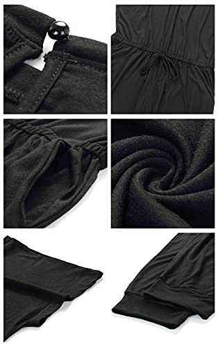 PRETTYGARDEN Women's Loose Solid Off Shoulder Elastic Waist Stretchy Long Romper Jumpsuit（Black,Medium）