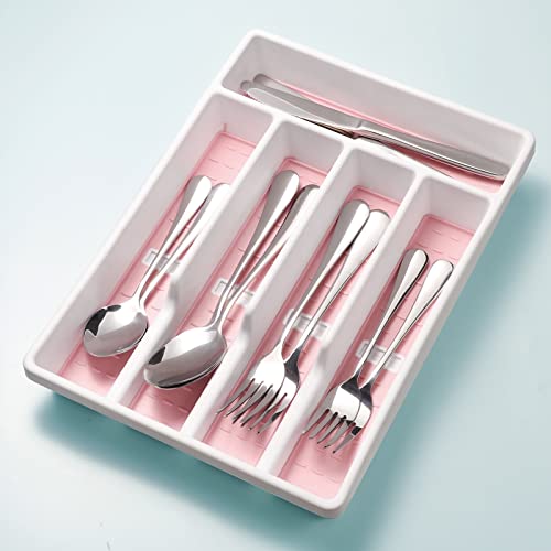 Joequality Silverware Organizer with Icons，Plastic Cutlery silverware Tray for Drawer，Utensil Flatware Tableware Organizer for Kitchen with Non-slip TPR,Fits Standard Drawer,5-Compartment,Pink