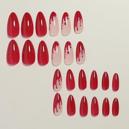 Halloween Press on Nails Almond, LPOONNDU Blood Press on Nails Halloween Medium Fake Nails, Glossy Red Glue on Nails for Women - 24Pcs Medium Almond Halloween False Nails Set