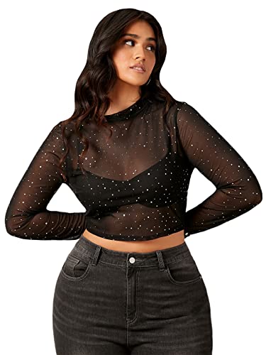 WDIRARA Women's Plus Size Sheer Mesh See Through Mock Neck Rhinestone Crop Top Black 3XL