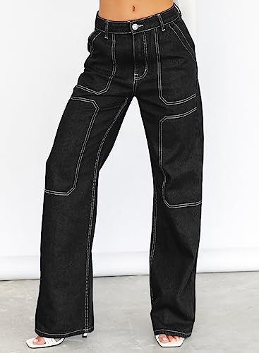 Sidefeel Women Casual Loose Mid Rise Cargo Jeans Wide Leg Denim Pants US10 Black